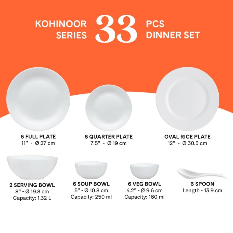 Larah by Borosil Vatika Kohinoor Series Opalware Dinner Set | 33 Pcs for Family of 6 | Microwave and Dishwasher Safe | Bone-Ash Free | Crockery Set for Dining and Gifting | Plates and Bowls | White