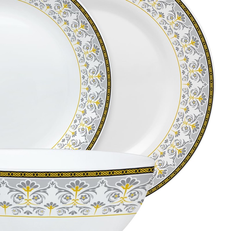 Larah by Borosil Vatika Kohinoor Series Opalware Dinner Set | 33 Pcs for Family of 6 | Microwave and Dishwasher Safe | Bone-Ash Free | Crockery Set for Dining and Gifting | Plates and Bowls | White