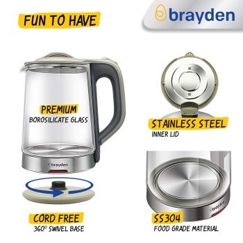 Brayden Aquo 10 Electric Glass Kettle1.8 Litre | Led Indicator | Tea, Soup & Multipurpose | Auto Shut Off | Boil Dry Protection | Transparent Borosilicate Glass Body (1500 Watts,Grey) Brayden Aquo 10 Electric Glass Kettle1.8 Litre | Led Indicator | Tea, Soup & Multipurpose | Auto Shut Off | Boil Dry Protection | Transparent Borosilicate Glass Body (1500 Watts,Grey)