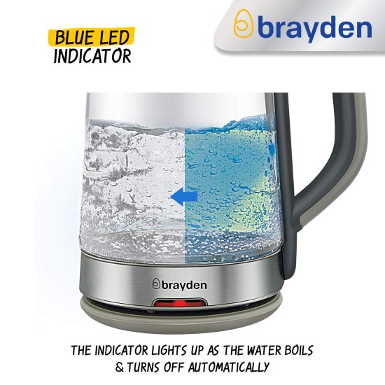 Brayden Aquo 10 Electric Glass Kettle1.8 Litre | Led Indicator | Tea, Soup & Multipurpose | Auto Shut Off | Boil Dry Protection | Transparent Borosilicate Glass Body (1500 Watts,Grey)