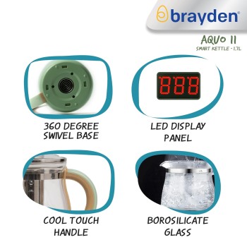 Brayden Aquo 11 Smart Electric Glass Kettle | 20 Preset menus | Milk, Tea Infuser, Soup & Multipurpose | Auto Shut Off | Boil Dry Protection | Borosilicate Glass Body (800W, 1.7 Ltr, Olive Green) Brayden Aquo 11 Smart Electric Glass Kettle | 20 Preset menus | Milk, Tea Infuser, Soup & Multipurpose | Auto Shut Off | Boil Dry Protection | Borosilicate Glass Body (800W, 1.7 Ltr, Olive Green)
