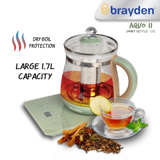 Brayden Aquo 11 Smart Electric Glass Kettle | 20 Preset menus | Milk, Tea Infuser, Soup & Multipurpose | Auto Shut Off | Boil Dry Protection | Borosilicate Glass Body (800W, 1.7 Ltr, Olive Green)