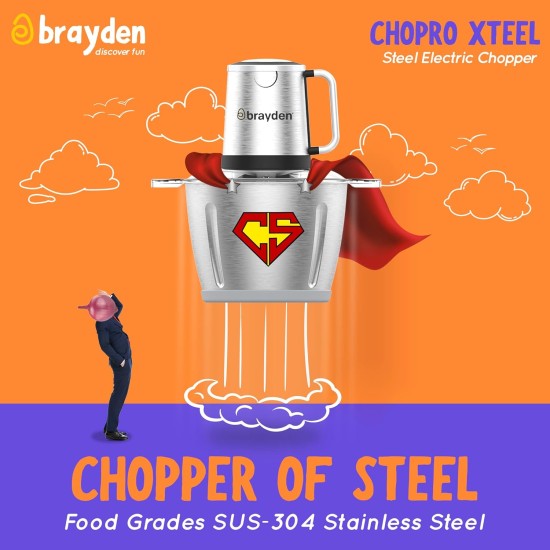 Brayden Chopro Xteel Electric Vegetable Chopper For Kitchen | Mincing/Chopping Meat, Fruit, Beating Eggs And Nuts | Dual Speed Mode | Stainless Steel Bowl (450 Watt, 2.5 Litre, Silver)