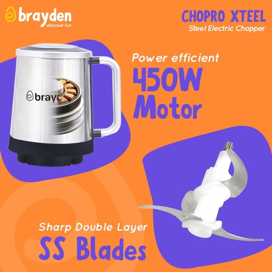 Brayden Chopro Xteel Electric Vegetable Chopper For Kitchen | Mincing/Chopping Meat, Fruit, Beating Eggs And Nuts | Dual Speed Mode | Stainless Steel Bowl (450 Watt, 2.5 Litre, Silver)