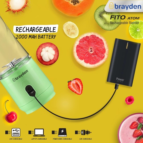 Brayden Fito Atom, Portable Smoothie Blender with 2000 mAh Rechargeable Battery and 3.7V Motor with 400ml Tritan Jar (Green)