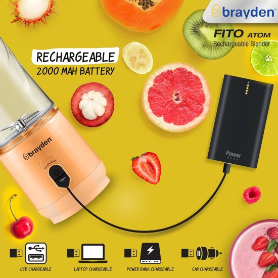 Brayden Fito Atom, Portable Smoothie Blender with 2000 mAh Rechargeable Battery and 3.7V Motor with 400ml Tritan Jar (Orange)