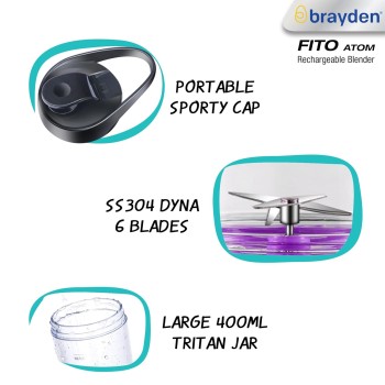 Brayden Fito Atom, Portable Smoothie Blender with 2000 mAh Rechargeable Battery and 3.7V Motor with 400ml Tritan Jar (Purple) Brayden Fito Atom, Portable Smoothie Blender with 2000 mAh Rechargeable Battery and 3.7V Motor with 400ml Tritan Jar (Purple)