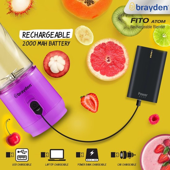 Brayden Fito Atom, Portable Smoothie Blender with 2000 mAh Rechargeable Battery and 3.7V Motor with 400ml Tritan Jar (Purple)