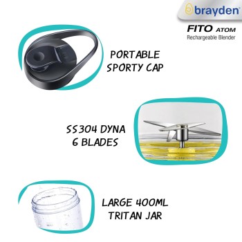Brayden Fito Atom, Portable Smoothie Blender with 2000 mAh Rechargeable Battery and 3.7V Motor with 400ml Tritan Jar (Yellow) Brayden Fito Atom, Portable Smoothie Blender with 2000 mAh Rechargeable Battery and 3.7V Motor with 400ml Tritan Jar (Yellow)