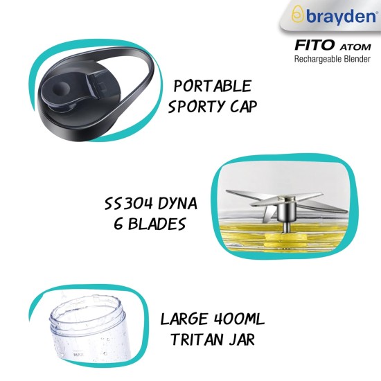 Brayden Fito Atom, Portable Smoothie Blender with 2000 mAh Rechargeable Battery and 3.7V Motor with 400ml Tritan Jar (Yellow)