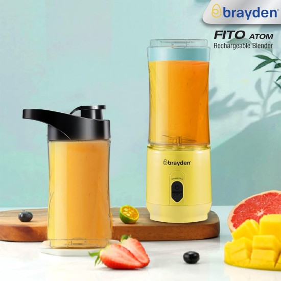 Brayden Fito Atom, Portable Smoothie Blender with 2000 mAh Rechargeable Battery and 3.7V Motor with 400ml Tritan Jar (Yellow)