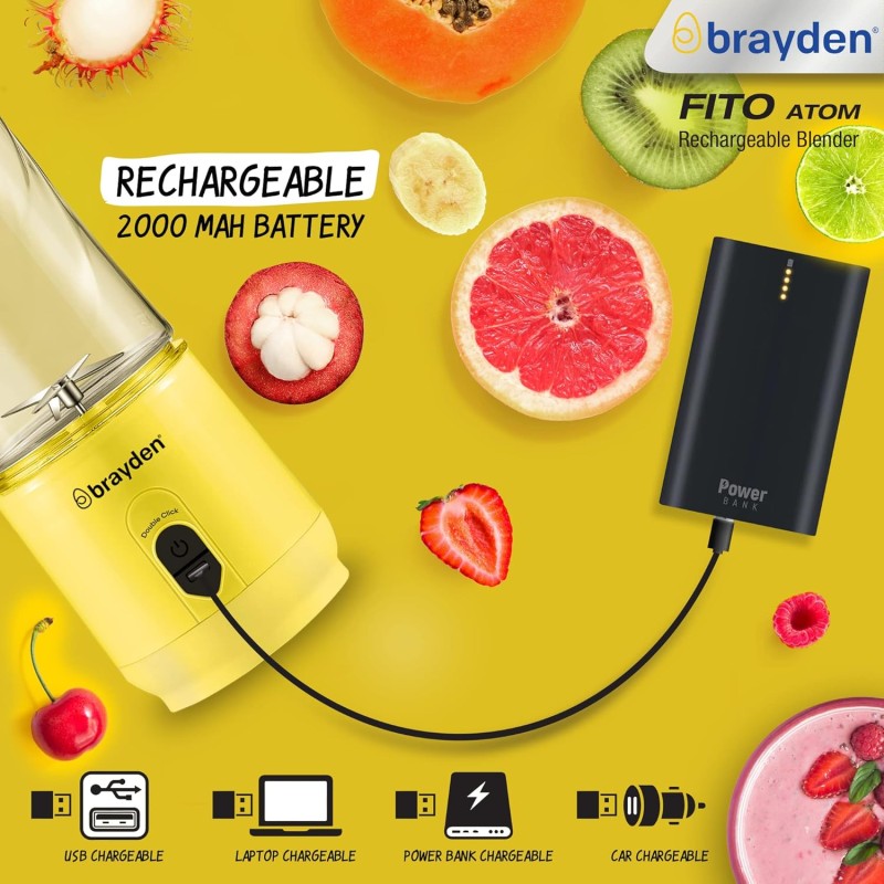 Brayden Fito Atom, Portable Smoothie Blender with 2000 mAh Rechargeable Battery and 3.7V Motor with 400ml Tritan Jar (Yellow) Brayden Fito Atom, Portable Smoothie Blender with 2000 mAh Rechargeable Battery and 3.7V Motor with 400ml Tritan Jar (Yellow)