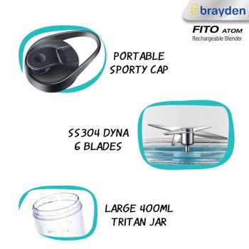 Brayden Fito Atom Portable Blender | Smoothie, Milk Shake, Protien Shake And Fresh Juice | Handy Travel Juicer | 2000 Mah Rechargeable Battery | 3.7V Copper Motor | 400Ml Tritan Jar (Blue), 35 Watt Brayden Fito Atom Portable Blender | Smoothie, Milk Shake, Protien Shake And Fresh Juice | Handy Travel Juicer | 2000 Mah Rechargeable Battery | 3.7V Copper Motor | 400Ml Tritan Jar (Blue), 35 Watt
