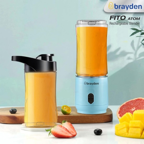 Brayden Fito Atom Portable Blender | Smoothie, Milk Shake, Protien Shake And Fresh Juice | Handy Travel Juicer | 2000 Mah Rechargeable Battery | 3.7V Copper Motor | 400Ml Tritan Jar (Blue), 35 Watt