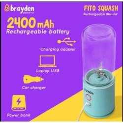 Brayden Fito Squash Rechargeable Blender | Smoothie, Milk Shake, Protien Shake and Fresh Juice | Portable Shaker | Handy Travel Juicer | 2400 mAh Battery | 350ml Glass Jar (Blue)