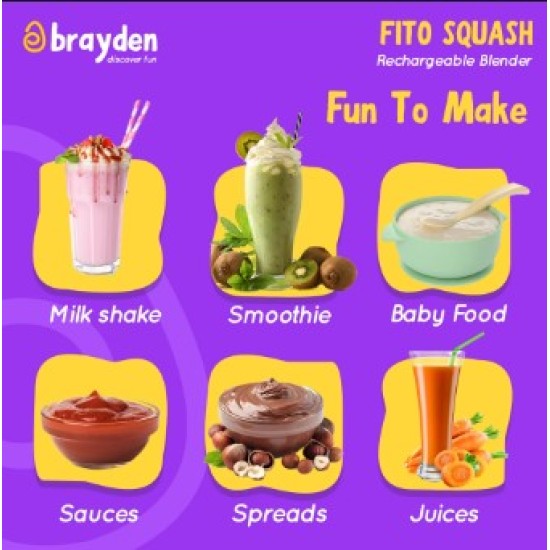 Brayden Fito Squash Rechargeable Blender | Smoothie, Milk Shake, Protien Shake and Fresh Juice | Portable Shaker | Handy Travel Juicer | 2400 mAh Battery | 350ml Glass Jar (Blue)