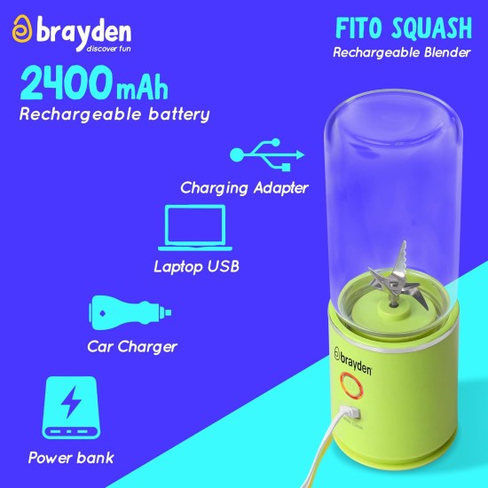 Brayden Fito Squash Rechargeable Blender | Smoothie, Milk Shake, Protien Shake and Fresh Juice | Portable Shaker | Handy Travel Juicer | 2400 mAh Battery | 350ml Glass Jar (Green)