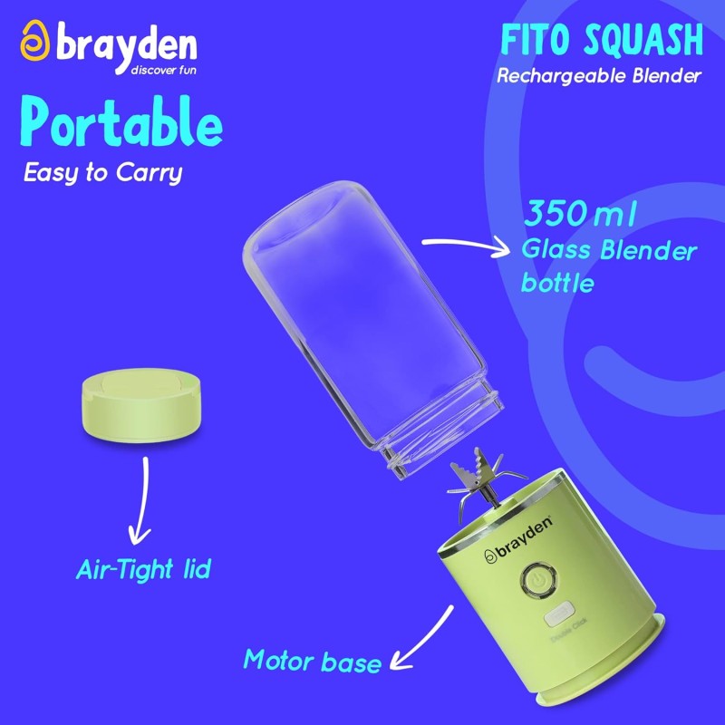 Brayden Fito Squash Rechargeable Blender | Smoothie, Milk Shake, Protien Shake and Fresh Juice | Portable Shaker | Handy Travel Juicer | 2400 mAh Battery | 350ml Glass Jar (Green) Brayden Fito Squash Rechargeable Blender | Smoothie, Milk Shake, Protien Shake and Fresh Juice | Portable Shaker | Handy Travel Juicer | 2400 mAh Battery | 350ml Glass Jar (Green)