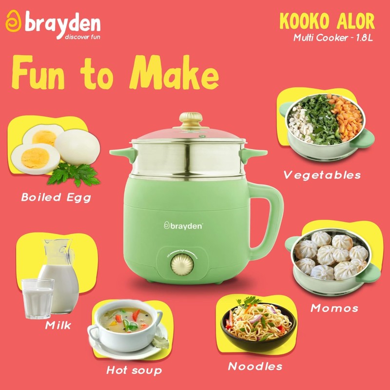 Brayden Kooko Alor Electric Multi Cooker For Smart Home, Boil Egg, Hot Water, Noodles, Momos, Vegetables & Soup, Transprent Glass Lid, Steamer And Egg Boiler As Attachments (1.8 Ltr, 600W), 1.8 Liter Brayden Kooko Alor Electric Multi Cooker For Smart Home, Boil Egg, Hot Water, Noodles, Momos, Vegetables & Soup, Transprent Glass Lid, Steamer And Egg Boiler As Attachments (1.8 Ltr, 600W), 1.8 Liter
