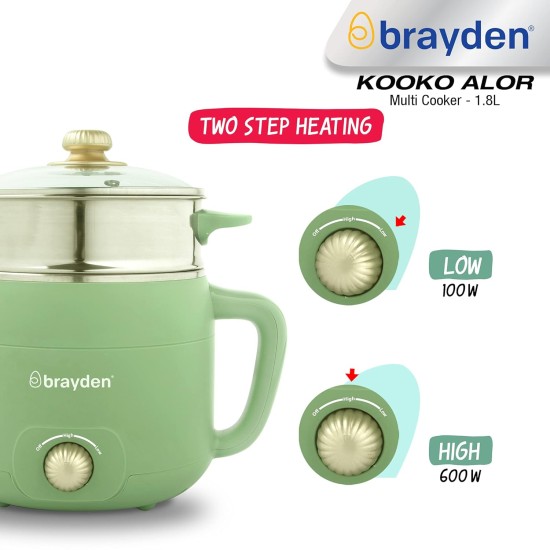 Brayden Kooko Alor Electric Multi Cooker For Smart Home, Boil Egg, Hot Water, Noodles, Momos, Vegetables & Soup, Transprent Glass Lid, Steamer And Egg Boiler As Attachments (1.8 Ltr, 600W), 1.8 Liter