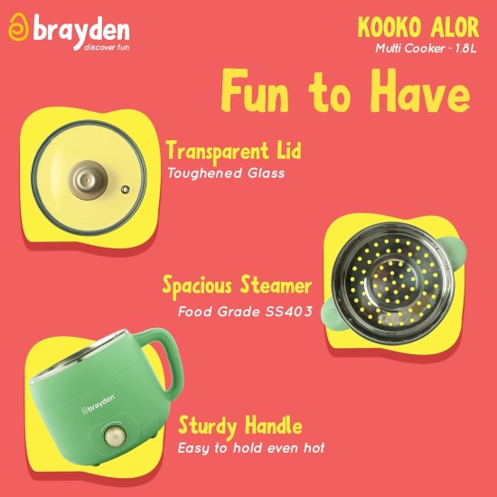 Brayden Kooko Alor Electric Multi Cooker For Smart Home, Boil Egg, Hot Water, Noodles, Momos, Vegetables & Soup, Transprent Glass Lid, Steamer And Egg Boiler As Attachments (1.8 Ltr, 600W), 1.8 Liter