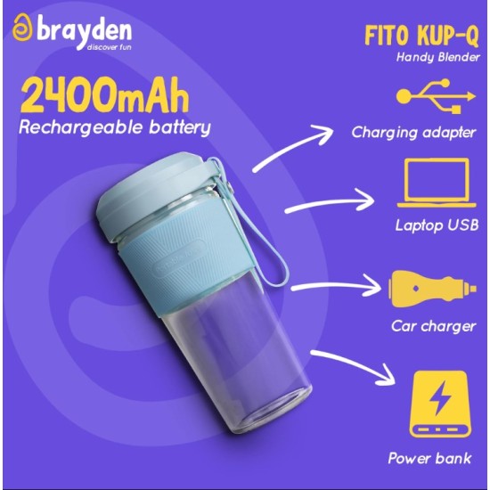 Brayden Fito Kup-Q Rechargeable Power Blender with 7.4V Motor,2400 mAh Li-ion battery & Break proof 450 ml Tritan jar with hold grip (Blue)