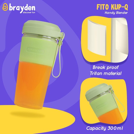 Brayden Fito Kup-Q Rechargeable Power Blender with 7.4V Motor, 2400 mAh Li-ion battery & Break proof 300 ml Tritan Jar with hold grip, Ideal for Gym, Office, Travel, Baby Foods (Green)