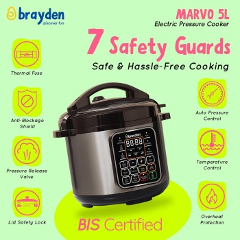 Brayden Marvo 5 Litre 11 in 1 Automatic Multi-Purpose Electric Pressure Cooker, Non-Stick Cooking Pot, 15 Pre-set Indian Menus, 8Hrs Slow Cook Function, 24 Hrs Delay Timer (Steel Grey) Brayden Marvo 5 Litre 11 in 1 Automatic Multi-Purpose Electric Pressure Cooker, Non-Stick Cooking Pot, 15 Pre-set Indian Menus, 8Hrs Slow Cook Function, 24 Hrs Delay Timer (Steel Grey)