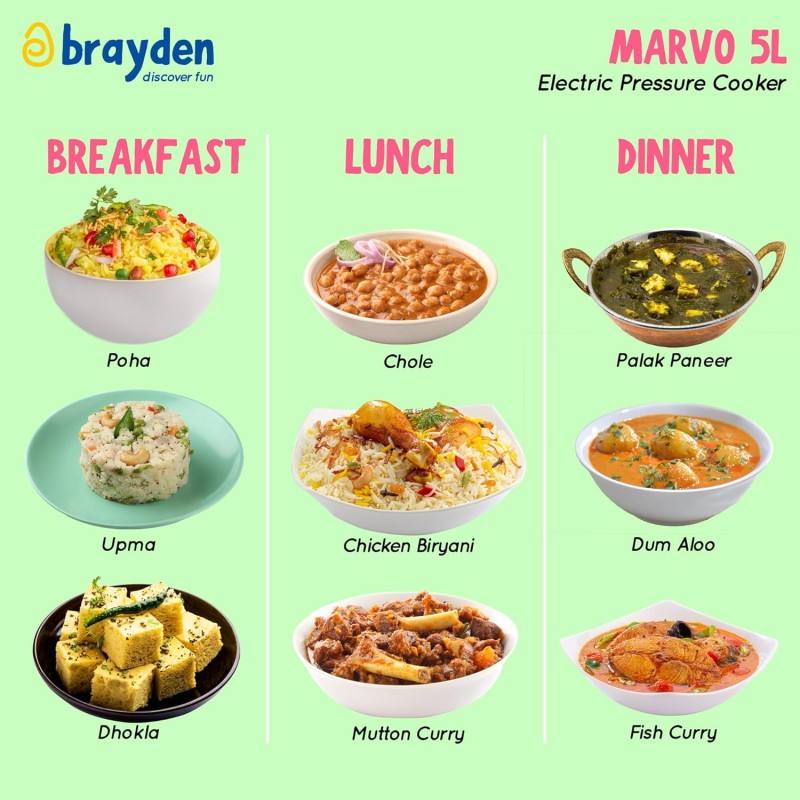Brayden Marvo 5 Litre 11 in 1 Automatic Multi-Purpose Electric Pressure Cooker, Non-Stick Cooking Pot, 15 Pre-set Indian Menus, 8Hrs Slow Cook Function, 24 Hrs Delay Timer (Steel Grey) Brayden Marvo 5 Litre 11 in 1 Automatic Multi-Purpose Electric Pressure Cooker, Non-Stick Cooking Pot, 15 Pre-set Indian Menus, 8Hrs Slow Cook Function, 24 Hrs Delay Timer (Steel Grey)