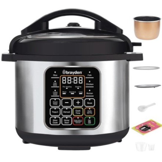 Brayden Marvo 5 Litre 11 in 1 Automatic Multi-Purpose Electric Pressure Cooker, Non-Stick Cooking Pot, 15 Pre-set Indian Menus, 8Hrs Slow Cook Function, 24 Hrs Delay Timer - SILVER