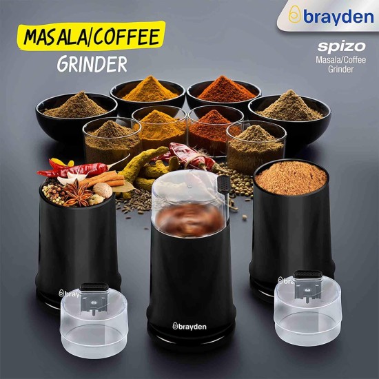 Brayden Spizo Multifunctional Grinder | Grind Turmeric, Masala & Coffee Grinder for Kitchen | Stainless Steel Blades | (Electric, Black, 50 Gm Capacity,150 Watts)