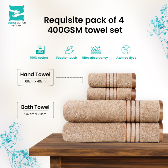 Cuddle Cotton Requisite 4 Pc Towel Set | 2 Bath Towels (70 x 147 cm) & 2 Hand Towels (40 x 60 cm), 400 GSM | 100% Pure Cotton| Beige brown Cuddle Cotton Requisite 4 Pc Towel Set | 2 Bath Towels (70 x 147 cm) & 2 Hand Towels (40 x 60 cm), 400 GSM | 100% Pure Cotton| Beige brown