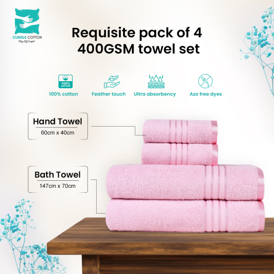 Cuddle Cotton Requisite 4 Pc Towel Set | 2 Bath Towels (70 x 147 cm) & 2 Hand Towels (40 x 60 cm), 400 GSM | 100% Pure Cotton| Blush Pink Cuddle Cotton Requisite 4 Pc Towel Set | 2 Bath Towels (70 x 147 cm) & 2 Hand Towels (40 x 60 cm), 400 GSM | 100% Pure Cotton| Blush Pink