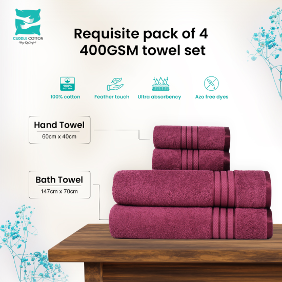 Cuddle Cotton Requisite 4 Pc Towel Set | 2 Bath Towels (70 x 147 cm) & 2 Hand Towels (40 x 60 cm), 400 GSM | 100% Pure Cotton| Merlot red Cuddle Cotton Requisite 4 Pc Towel Set | 2 Bath Towels (70 x 147 cm) & 2 Hand Towels (40 x 60 cm), 400 GSM | 100% Pure Cotton| Merlot red