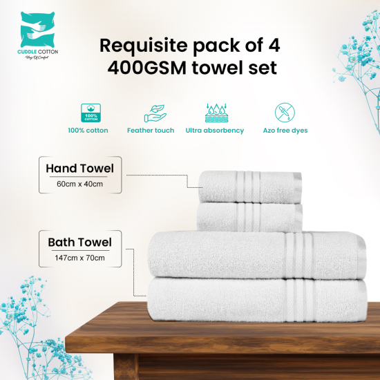 Cuddle Cotton Requisite 4 Pc Towel Set | 2 Bath Towels (70 x 147 cm) & 2 Hand Towels (40 x 60 cm), 400 GSM | 100% Pure Cotton| Opal White Cuddle Cotton Requisite 4 Pc Towel Set | 2 Bath Towels (70 x 147 cm) & 2 Hand Towels (40 x 60 cm), 400 GSM | 100% Pure Cotton| Opal White