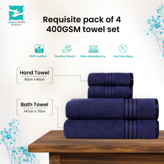 Cuddle Cotton Requisite 4 Pc Towel Set | 2 Bath Towels (70 x 147 cm) & 2 Hand Towels (40 x 60 cm), 400 GSM | 100% Pure Cotton| Sapphire blue Cuddle Cotton Requisite 4 Pc Towel Set | 2 Bath Towels (70 x 147 cm) & 2 Hand Towels (40 x 60 cm), 400 GSM | 100% Pure Cotton| Sapphire blue