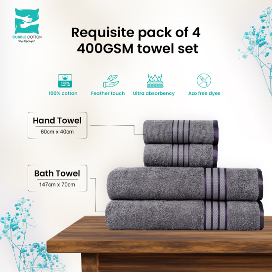 Cuddle Cotton Requisite 4 Pc Towel Set | 2 Bath Towels (70 x 147 cm) & 2 Hand Towels (40 x 60 cm), 400 GSM | 100% Pure Cotton| Sleek grey Cuddle Cotton Requisite 4 Pc Towel Set | 2 Bath Towels (70 x 147 cm) & 2 Hand Towels (40 x 60 cm), 400 GSM | 100% Pure Cotton| Sleek grey