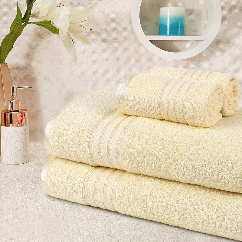 Cuddle Cotton Requisite 4 Pc Towel Set | 2 Bath Towels (70 x 147 cm) & 2 Hand Towels (40 x 60 cm), 400 GSM | 100% Pure Cotton| Sunshine Yellow Cuddle Cotton Requisite 4 Pc Towel Set | 2 Bath Towels (70 x 147 cm) & 2 Hand Towels (40 x 60 cm), 400 GSM | 100% Pure Cotton| Sunshine Yellow