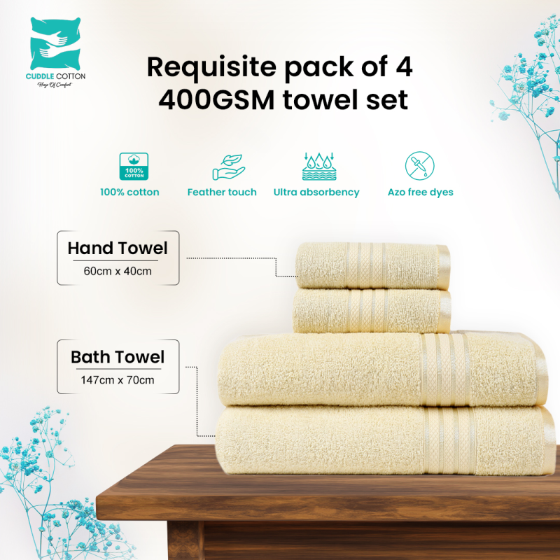 Cuddle Cotton Requisite 4 Pc Towel Set | 2 Bath Towels (70 x 147 cm) & 2 Hand Towels (40 x 60 cm), 400 GSM | 100% Pure Cotton| Sunshine Yellow Cuddle Cotton Requisite 4 Pc Towel Set | 2 Bath Towels (70 x 147 cm) & 2 Hand Towels (40 x 60 cm), 400 GSM | 100% Pure Cotton| Sunshine Yellow