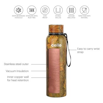 Cello Duro Tuff Steel Series- Duro Deezee Kent Double Walled Stainless Steel Water Bottle with Durable DTP Coating, 900ml, Copper Cello Duro Tuff Steel Series- Duro Deezee Kent Double Walled Stainless Steel Water Bottle with Durable DTP Coating, 900ml, Copper