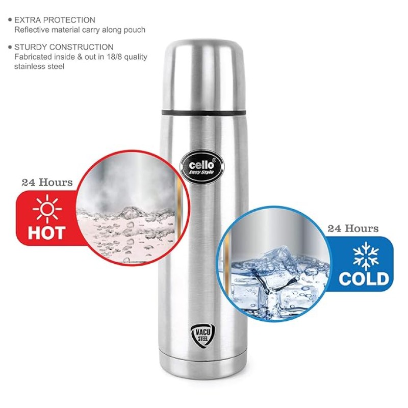 Cello Easy Style Stainless Steel Flask, 350ml, Silver Cello Easy Style Stainless Steel Flask, 350ml, Silver