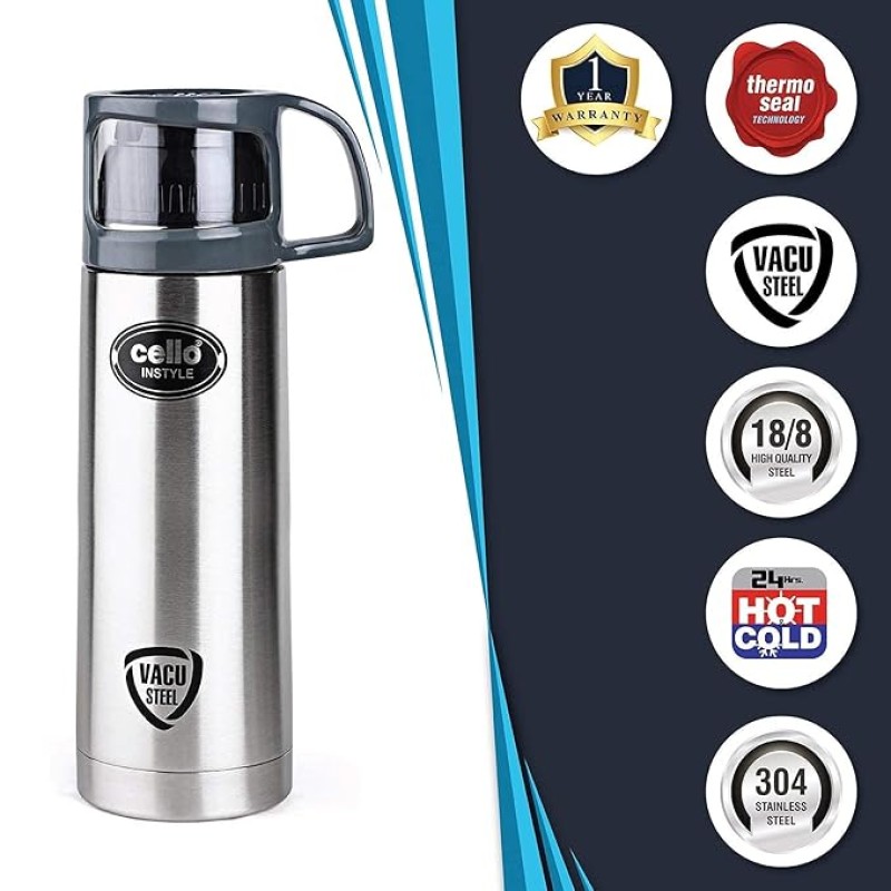Cello Instyle Stainless Steel Double Walled Flask with Thermal Jacket, Hot and Cold, 750ml, 1 Unit, Silver Cello Instyle Stainless Steel Double Walled Flask with Thermal Jacket, Hot and Cold, 750ml, 1 Unit, Silver
