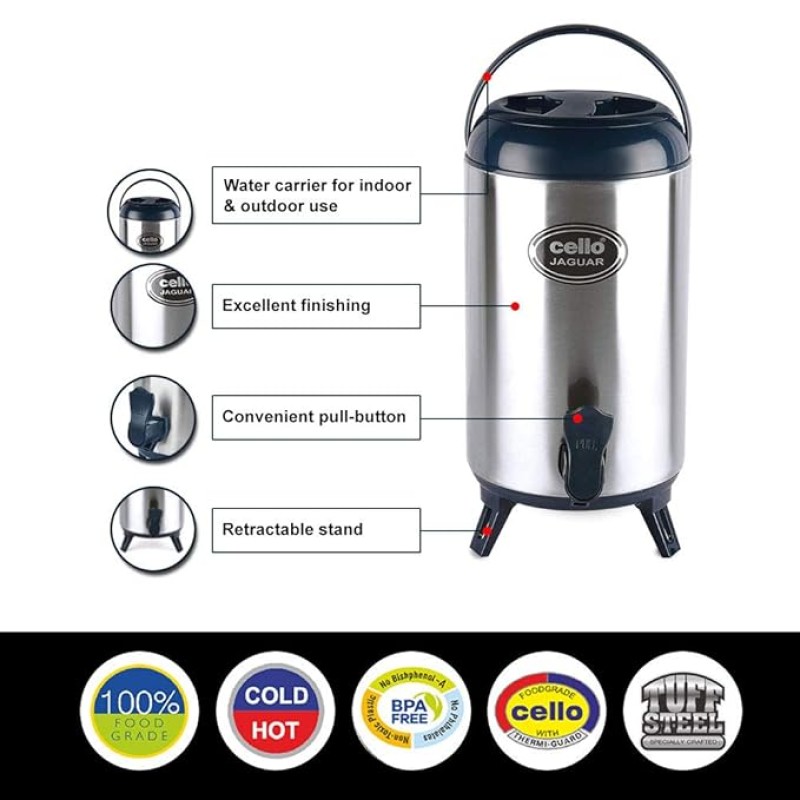 Cello Jaguar Stainless Steel Double Walled Water Jug, Hot and Cold, 4000ml, 1 Unit Cello Jaguar Stainless Steel Double Walled Water Jug, Hot and Cold, 4000ml, 1 Unit