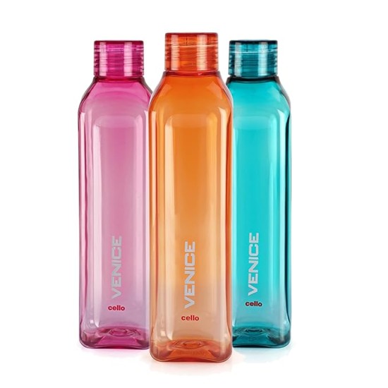 CELLO Venice Plastic Water Bottle | Unbreakable and Hygienic 1 Litre | Set of 3