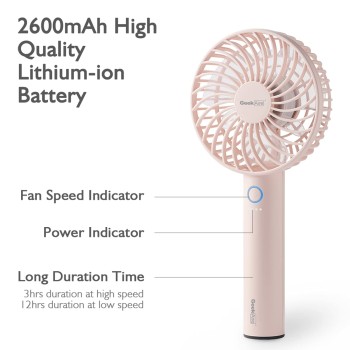 Geek Aire GF1 Portable Fan | 1 Year Warranty | 2600 mAh Battery, Mini Fan Portable, Rechargeable Fan, Mini Fan, Charging Fan, Hand Fan, Table Fan, High Speed, USB Fan with 3 Speed Options (Pink-4In) Geek Aire GF1 Portable Fan | 1 Year Warranty | 2600 mAh Battery, Mini Fan Portable, Rechargeable Fan, Mini Fan, Charging Fan, Hand Fan, Table Fan, High Speed, USB Fan with 3 Speed Options (Pink-4In)