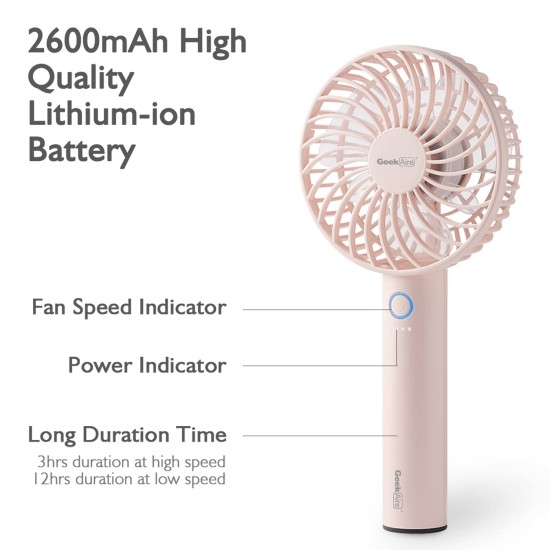 Geek Aire GF1 Portable Fan | 1 Year Warranty | 2600 mAh Battery, Mini Fan Portable, Rechargeable Fan, Mini Fan, Charging Fan, Hand Fan, Table Fan, High Speed, USB Fan with 3 Speed Options (Pink-4In)