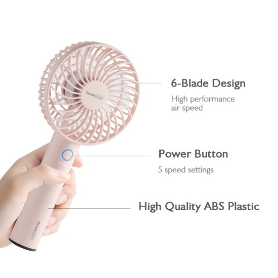 Geek Aire GF1 Portable Fan | 1 Year Warranty | 2600 mAh Battery, Mini Fan Portable, Rechargeable Fan, Mini Fan, Charging Fan, Hand Fan, Table Fan, High Speed, USB Fan with 3 Speed Options (Pink-4In)