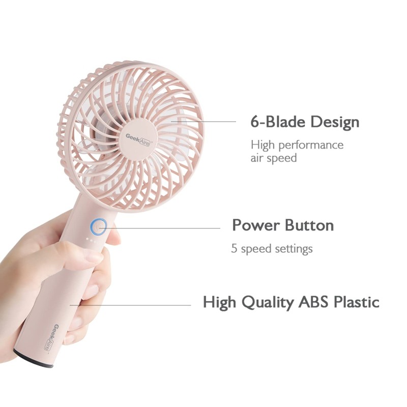 Geek Aire GF1 Portable Fan | 1 Year Warranty | 2600 mAh Battery, Mini Fan Portable, Rechargeable Fan, Mini Fan, Charging Fan, Hand Fan, Table Fan, High Speed, USB Fan with 3 Speed Options (Pink-4In) Geek Aire GF1 Portable Fan | 1 Year Warranty | 2600 mAh Battery, Mini Fan Portable, Rechargeable Fan, Mini Fan, Charging Fan, Hand Fan, Table Fan, High Speed, USB Fan with 3 Speed Options (Pink-4In)