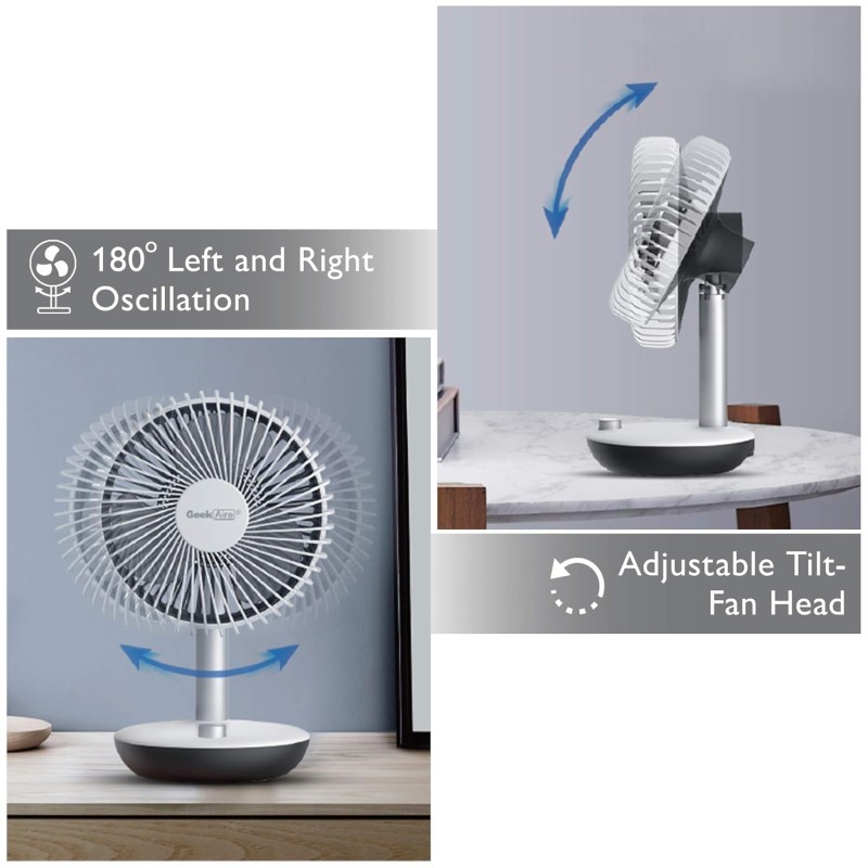 Geek Aire GF5 Portable fan | 1 Year Warranty | Table fan High Speed | 5200 mAh Battery | Rechargeable fan, Mini fan, Charging fan, Hand fan, High Speed, USB fan (White - 6 Inch)