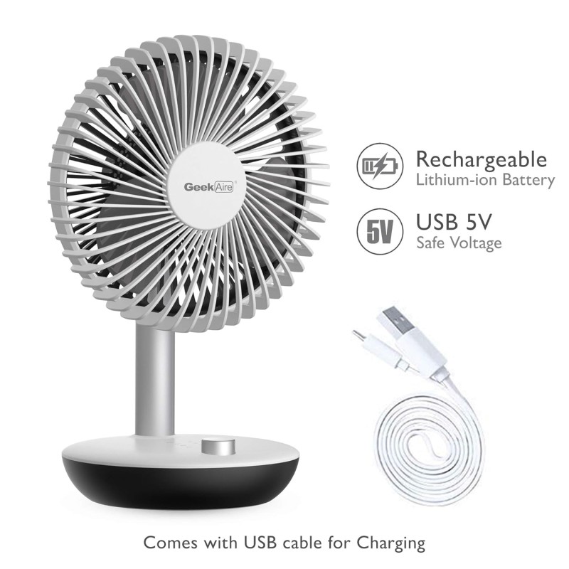 Geek Aire GF5 Portable fan | 1 Year Warranty | Table fan High Speed | 5200 mAh Battery | Rechargeable fan, Mini fan, Charging fan, Hand fan, High Speed, USB fan (White - 6 Inch)